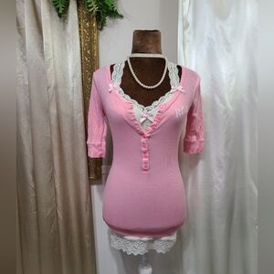 ♡ Y2K ♡ Hollister Pink Ribbed HCO Logo Half Sleeve Babydoll Henley